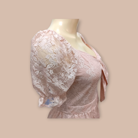 Puff Sleeve Layered Hem Lace Dress